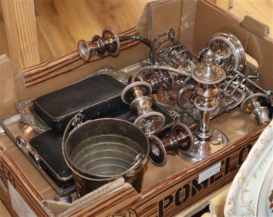 A group of plated wares including tray, pair of candelabra, ice bucket etc.